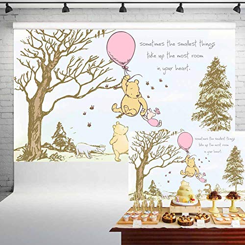 Classic Winnie The Pooh Baby Shower Backdrop for Girls Pink Balloon Pooh and Friends Birthday Banner for Cake Table Party Decorations Background 5x3 ft 61