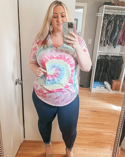 Image of RITERA Women Plus Size Tops Tie Dye V Neck Shirt Floral Camo Summer Short Sleeve Tunic Oversized Ladies Blouse XL-5XL