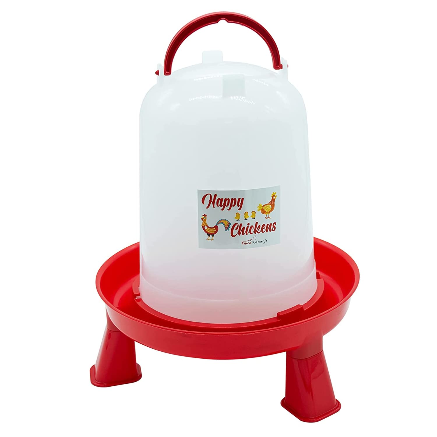 FINCA CASAREJO - Bebedero Aves con Patas (5 litros) - Bebedero sifónico Happy Chickens - Plástico Resistente, conserva el Agua en Buen Estado - Incluye Guía Práctica de Alimentación de Gallinas