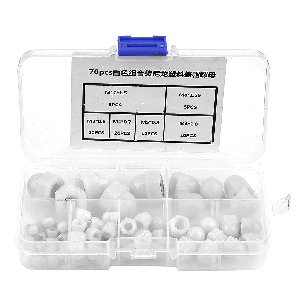 Set din Dadi, Kit Assortimento,Dado Esagonale, Tappo A Testa Bombata In Nylon,Dado Cieco A Forma di Dadi a Ghianda 70 Pezzi M3/m4/m5/m6/m8/m10 Bianca