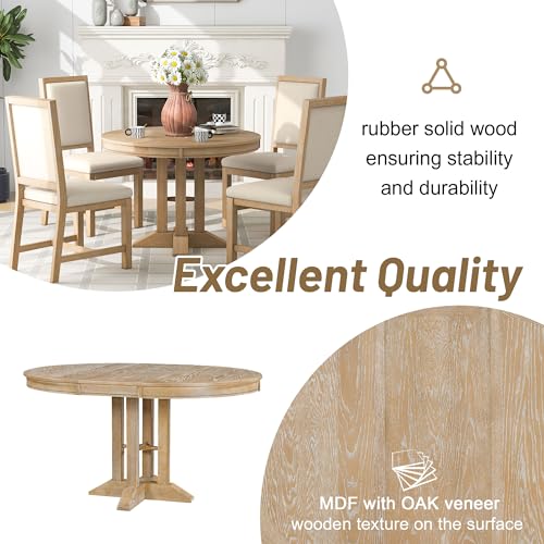 Extendable-Round-Dining-Table-for-6-Farmhouse-Kitchen-Table-with-a-Removable-Leaf-Solid-Wood-Dinner-Table-for-Small-Space-42-56-D-x-42-W-x-30H-Natural Extendable Round Dining Table for 6 Farmhouse Kitchen Table with a Removable Leaf Solid Wood Dinner Table for Small Space 42 56 D x 42 W x 30H Natural