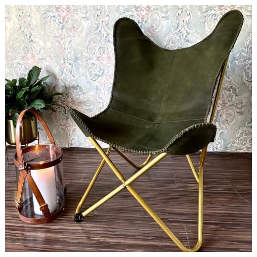 CasaGold Genuine Leather Butterfly Chair I Living Room Chairs Handmade in Golden Iron Frame & Leather Chair (Green)