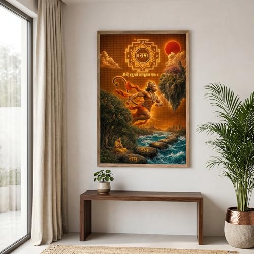 Image of Livin'luxe Hanuman Ram Yantra Wall Painting for Living Room Bedroom Pooja Room Decor with Premium Wooden Color Synthetic Frame, Spiritual Hindu Art Gift (13.5 x 19.5) NM01-4091