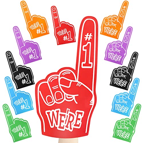 Wettarn 12 Pcs Giant Foam Finger 18 Inch Were Number 1 Universal Foam Hand Bulk for School Items Sports Events Football Games Cheerleading Equipment (Red Blue Green Orange Purple Black)