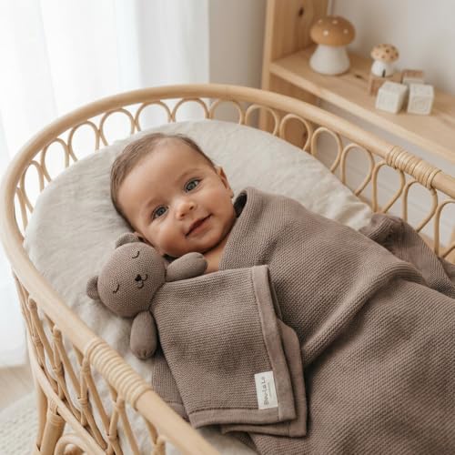 Image of Baby Gift Set - Organic Cotton Newborn Blanket and Lovey Security Blanket Set, Newborn Gifts, Baby Boy Shower Gifts (Lovey - Bear - Milk Chocolate)