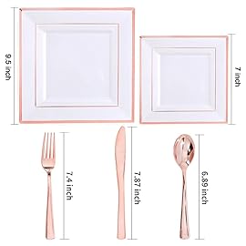 WDF 125pcs Rose Gold Plates with Disposable Silverware - Plastic Plates Dinnerware Include 25Dinner Plate,25 Salad Plate,25 Forks,25 Knives,25 Spoons for Valentines Day, Wedding, Party