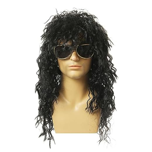 SKHAOVS Peluca Negro, Unisex rizos melena despuntada, estrella de rock Accesorios Disfraz Rockero Metal Pesado Accesorios Disfraz Años 80, Halloween Accesorios Punk Cosplay Fiesta (Negro)