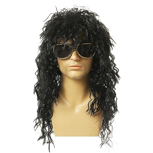 SKHAOVS Peluca Negro, Unisex Rizos Melena Despuntada, Estrella de Rock Accesorios Disfraz Rockero Metal Pesado, Halloween Punk Cosplay Fiesta