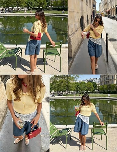 Image of Watashi Womens Ruffle Collar Puff Short Sleeve Cardigan Knit Crop Top | Peter Pan Collar Crochet Knitted Summer Fall Casual Work Wear Sweater