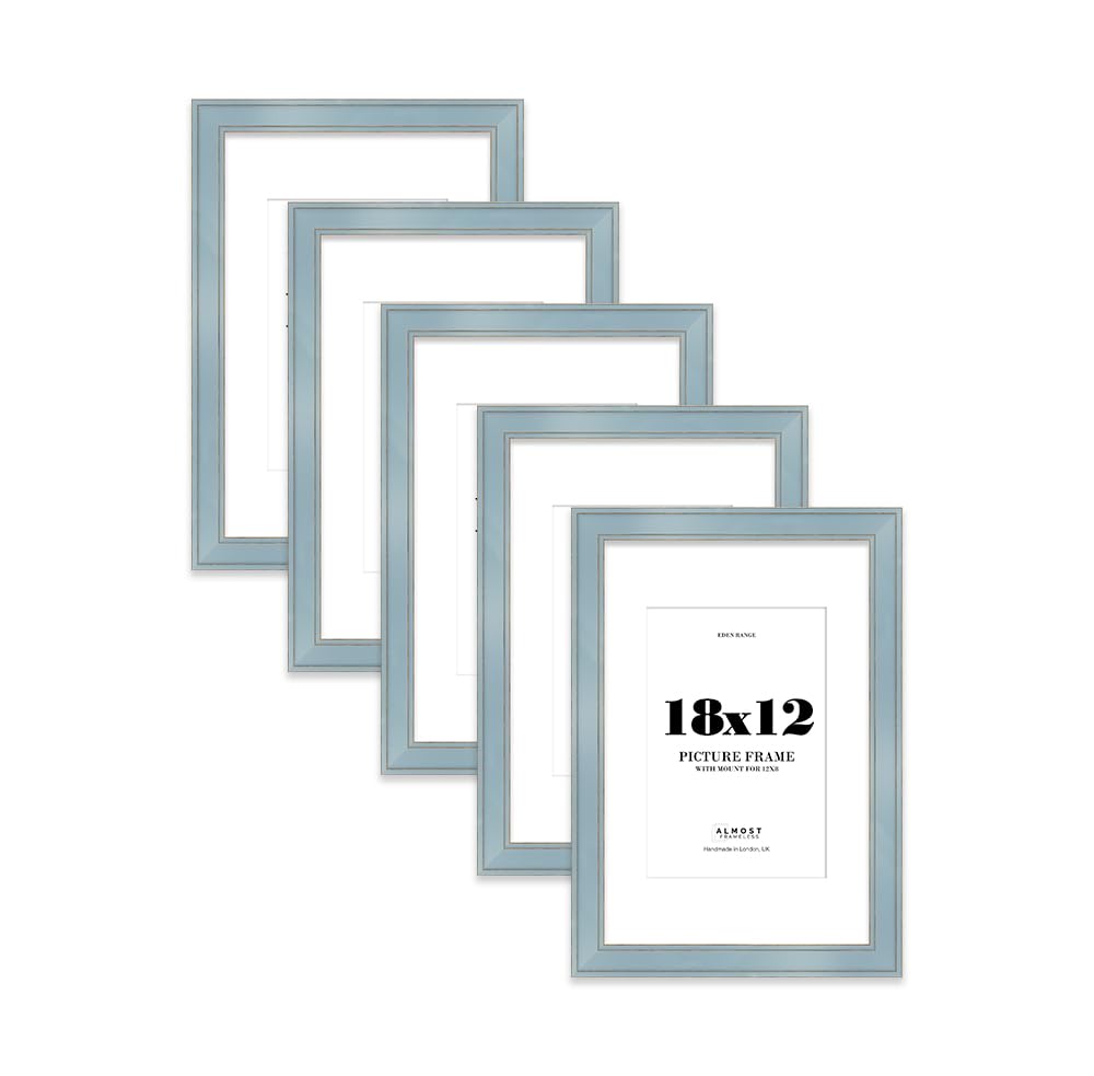 18x12" Cornflower Blue Picture Frame with 12x8" Mount - Shabby Chic Photo Frame with Distressed Finish, Gold Trim, Wall Hooks, 37mm Edge - 5 Pack