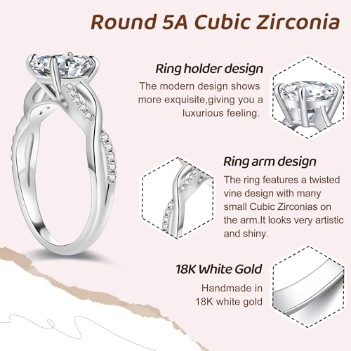 1CT CZ Engagement Rings for Women,Women's Round Cut Twisted Vine Wedding Bands Sterling Silver Engagement Promise Rings with 18K White Gold Plated Size 8.53