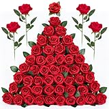 Yimomoyi 50 Stück Rot Künstliche Rosen, Einzelne Langstielige Künstliche Dunkelrote Rosen, Realistische Kunstrosen für Hochzeitsdeko Brautsträuß Heiratsantrag Geburtstag Party Haus Garten Decor