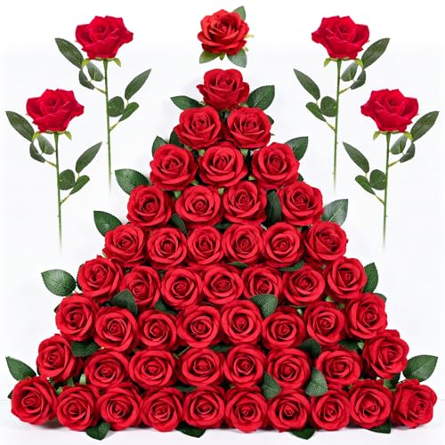 Yimomoyi 50Pcs Rouges Roses Fleurs Artificielles, 47 * 8cm Rouge Foncé Roses Faux Rose avec Tige DIY pour Mariage,Bouquets de Mariée, Fête, Saint Valentin, Décoration Intérieure et Extérieure