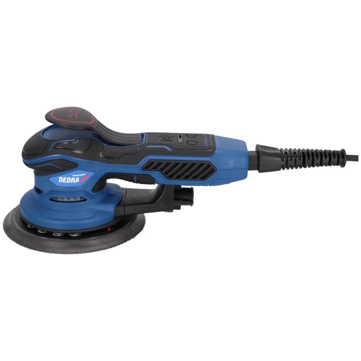DEDRA Exzenterschleifer mit austauschbaren Auflagen ⌀125 - ⌀150mm, hohe Leistung 350W, 4000-10.000 U/min, langes 4m kabel, gewicht nur 1,4, mit Schleifpapier-Set, 230V~50Hz, Staubsammelanlage