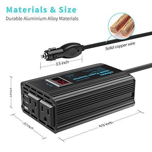 300W Power Inverter DC 12V to AC 120V Car Power Converter Adapter with 2x2.4A USB Ports and LED Display Dual AC Outlets【3YRS Warranty】