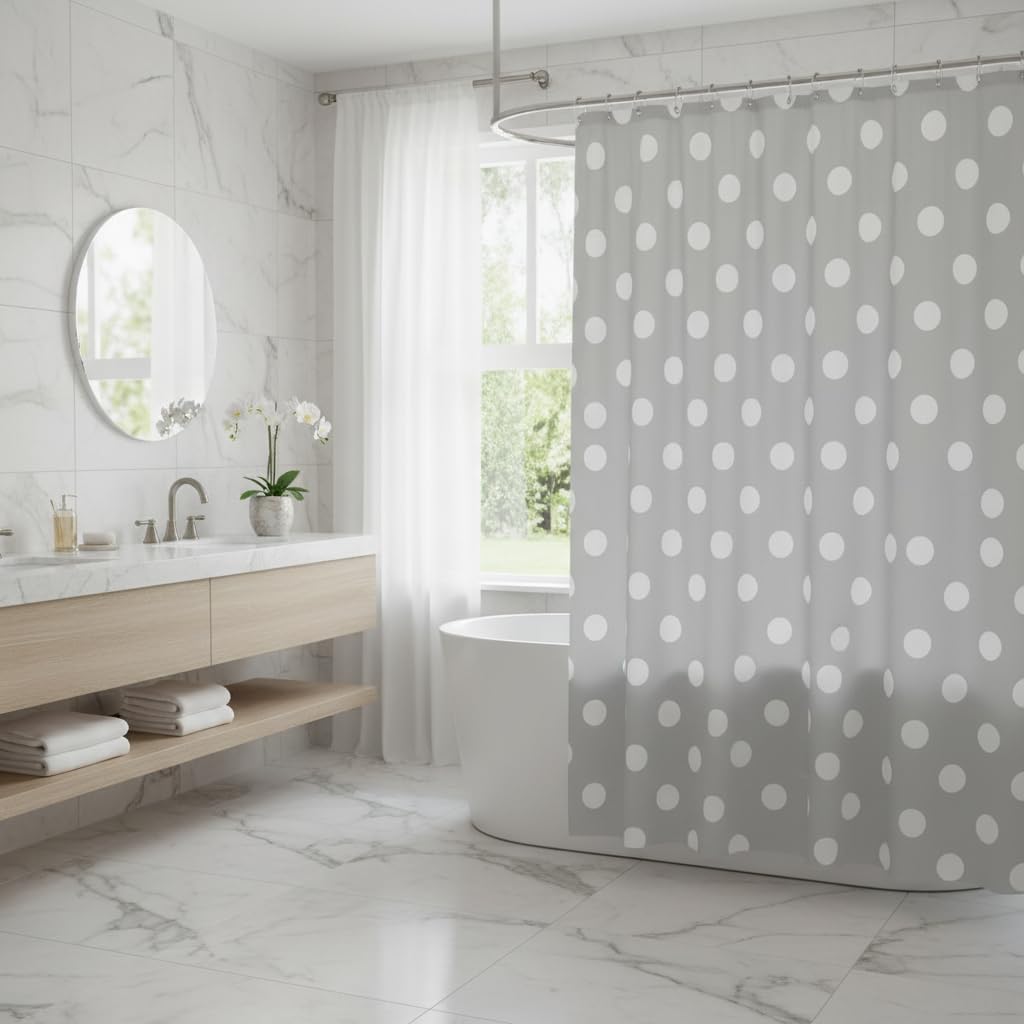 Manfei Polka Dots Bath Curtains Cartoon French Style Princess Pink White Bathroom Shower Curtains,Modern Geometric Circles Abstract Simple Art Bath Curtain with 12 Hooks,Waterproof,72" W x 78" L