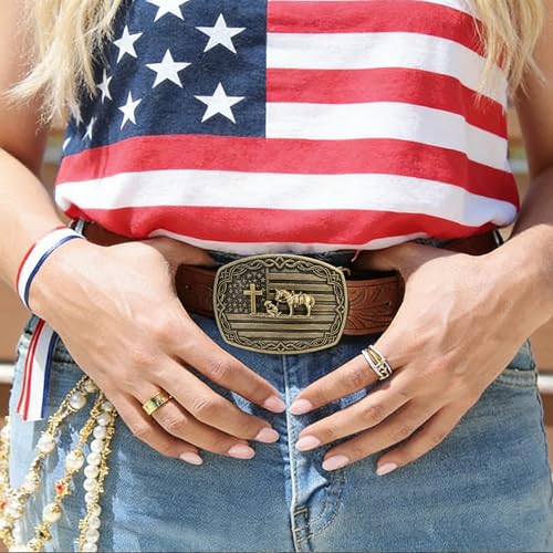 Image of HUABOLA CALYN Long Horn Bull Belt Buckles for Men Women American Flag Texas Star Belt Buckles
