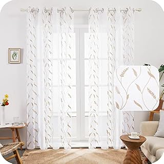 Amazon Brand - Umi Faux Linen Embroidered Voile Curtains Eyelets Top Rings Sheer Curtains Home Decorative Net Curtains for Bedroom 55 x 72 Inch Linen One Pair