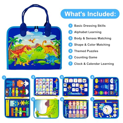 Image of Busy Board for 1 Year Old, Dinosaur Themed Busy Book Montessori Toy for Boys Age 1-4, Educational Travel Toy for Toddlers 1-3, for Learning and Sensorial Play
