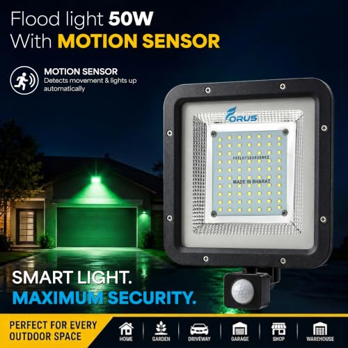 Image of Forus 50W LED Flood Light Green with Motion Sensor Auto On Off Day Night Mode Waterproof Outdoor Security Light for Garden Parking Garage Factory Backyard Shop High Bright Floodlight 4Yr Warranty-1Pc