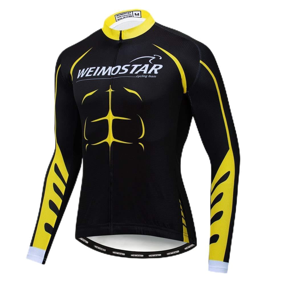 WeimoMonkey Men's Cycling Jersey Fleece Long Sleeve MTB Bike Shirts Racing Cycling Clothing Black Gold XXL