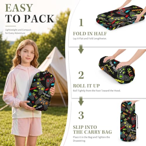 WeCozy Bolsa de Dormir Negra para Niños, Ligera para 3 Temporadas, Impermeable, con Bolsa de Compresión para Camping en Clima Cálido y Frío, Uso Interior y Mochilero miniatura 5