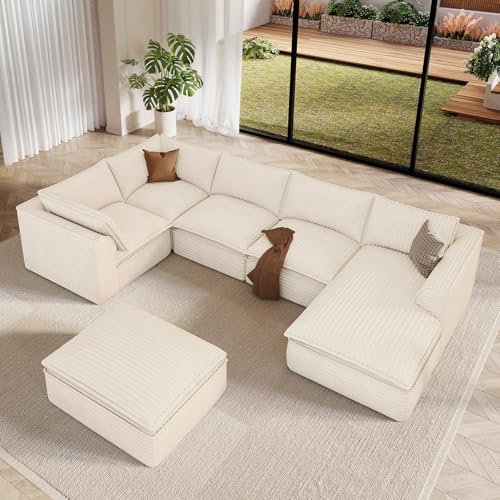 Image of Vesgantti 141.7 inch Oversized Boneless Modular Sectional Sofa, 7 Seater Couch with Chaise, Ottoman and Armrest, Deep Seat Plush Corduroy Cloud Sofa for Living Room, No Assembly Required, Beige