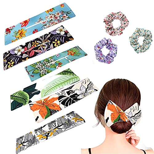 LanM Epoch Deft Bun for Hair,6 PCS Multicolor Cloth Magic Clip and 3PCS Head Rope,Donut Bun Former Maker, Women summer headband print Hairpin, French twisted hairstyle sutible for children and Women.