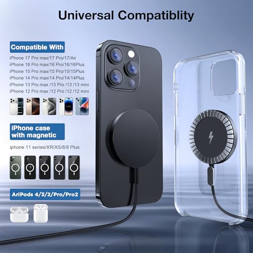 Image of Magnetic Wireless Charger for iPhone: Compatible with Magsafe Charger iPhone 17 16 15 14 13 12 Series & Airpods 4 3 2 Pro-Fast 15W Max Charging Pad Strong Magnet, Dual USB-C /A Ports-Home Office Travel