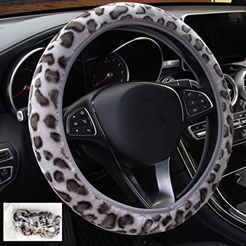 ZaCoo Leopard Printing Soft Plush Car Steering Wheel Covers Universal No Fixed Inner Winter Keep Warm Steering Wheel Cover Fit for Truck, SUV, Cars 14-15 inch (Gray)