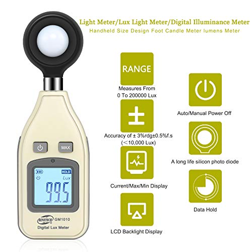 Light Meter Digital Illuminance Meter Measure Light 0~200,000 Lux (0~18500 FC) Handheld Foot