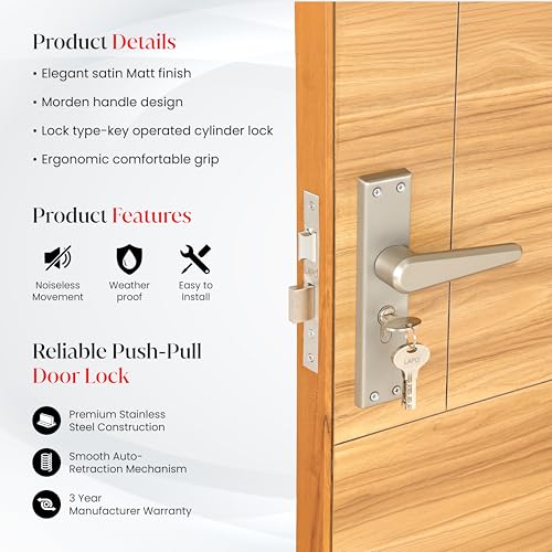 Image of LAPO Mortise Door Lock for Home Main Door & Bedroom with Handle, Heavy-Duty 60mm Cylinder, 45x45mm Body, 3 Brass Keys, Left-Right Fit 30-50mm Door Home Office Hotel | Matt Finish | CY-164