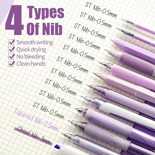 Image of Four Candies Gel Pen Set, Cute Writing Pens with 0.5mm Fine Tip, Black & Purple Ink Pens with Highlighter, Aesthetic Stationery Supplies for School, Office, Pack of 12 - Lavender Series | Back to School Supplies, Office Essentials for Women, Girly Stationery Set, Aesthetic Desk Decor & Accessories - Lavender