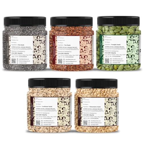 Image of LILA DRY FRUITS Seeds Combo Pack 5 Superseed (Chia, Flax, Pumpkin, Sunflower and Watermelon) 200gms Each (1 Kg) Raw Seeds Mix for Daily Nutrition & Healthy Snacking Superfood Perfect for Gifting