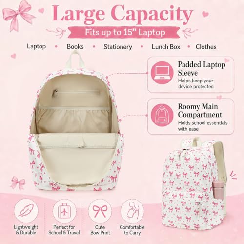 Image of LOIDOU Backpack for Girls School Backpacks Bookbags for Elementary Middle School Women Laptop Backpacks (Bow Tie Beige, L-17)