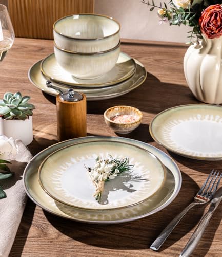Image of LERATIO Ceramic Dinnerware Sets for 4,Reactive Glaze Plates and Bowls Set with Mugs, Dishwasher,Microwave & Oven Safe Dishes set-Sage Ivory