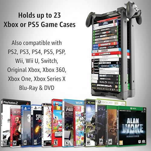 ADZ Universal Game Holder – 23 Game Storage Tower Rack for PS2 PS3 PS4 PS5 PSP Xbox 360 Xbox One Series X Wii Switch Games DVD and Blu-Ray Disks. Includes 2 Controller Mounts (Black) - Image 5