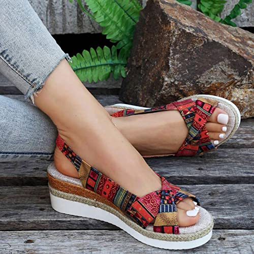 Womenyiaor Wedge Sandals for Women, Espadrilles for Women Open Toe Ankle Strap Wedge Heels Sandals Dressy Summer Platform Sandals Comfortable Slip on Sandals Orthopedic Sandals Casual (E-Red, 8.5)4