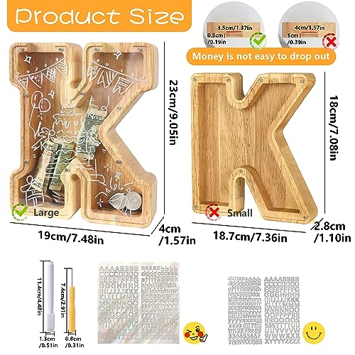 Mikytoper Letter Money Box for Kids Large Wooden Personalized A-Z Piggy Bank Clear Alphabet Money Bank Coin Bank for Gift Decoration Baptism (K) - Image 2