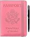 RFID Blocking Leather Travel Document Organizer Passport Holder Cover Wallet Case for Id Card Credit Card Business Card for Men Women with Bonus Ballpoint Pen Pink