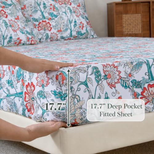 Image of FADFAY Cal King White Teal 100% Egyptian Cotton Sheets Set 4 Piece, Vintage Botanical Garden Floral Sheets, Luxury Soft Breathable Cottagecore Bedding with Deep Pocket Fitted Sheet for All Seasons