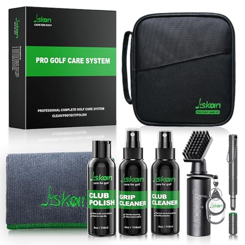 Jiskan Pro Golf Cleaning Kit with Golf Club Cleaner Brush Grip Cleaner Club Polish Towel Club Groove Sharpener Tool and Portable Case Essentials Golf Accessories for Men Golf Gifts for Golfers