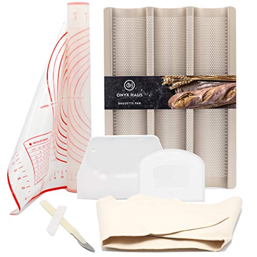 Baguette Pans for Baking Silicone Baking Mats - Dough Cutter and Scraper + Bread Lame Cutter & Bakers Couche Proofing Cloth-Nonstick French Bread & Baguette Pans Gift Set