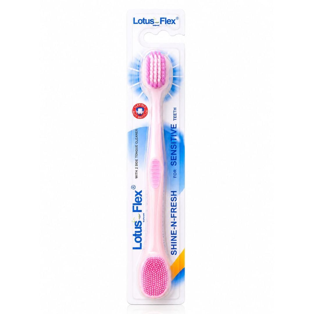 Lotus Flex Shine-N-Fresh Toothbrush for Sensitive Teeth with Dual-Sided Tongue Cleaner, Soft Flexible Bristles, Gentle Gum Care, Fresh Breath, Pink-image-47