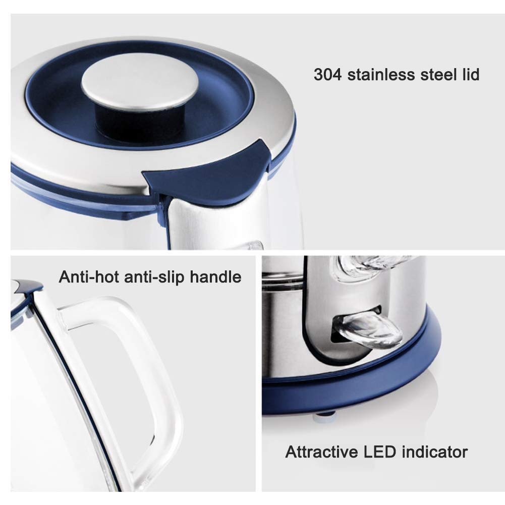 Bollitore Elettrico in Vetro da 1,5 Litri, bollitore Ecologico con Illuminazione a LED, bollitore Elettrico Fili BPA con Coperchio Interno e Fondo in Acciaio Inossidabile