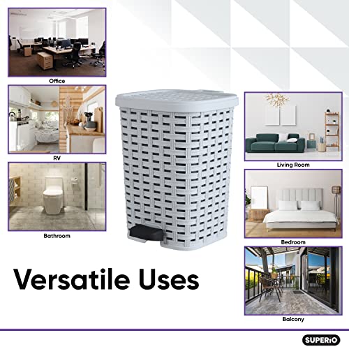 Image of Superio Small Outdoor Trash Can with Lid for Dog Poop 1.5 Gallon /6 L Mini Plastic Garbage Can with Foot Pedal for Bathroom, Bedroom, Office, Patio, Wicker Smoke