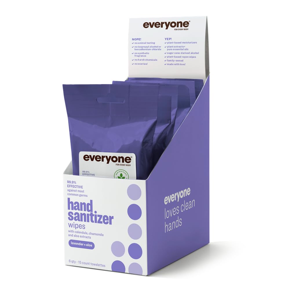 Everyone Hand Sanitizer Wipes, 15 Wipes (Pack of 6), Ruby Grapefruit, Made with Sugarcane Derived Alcohol with Essential Oils, TSA friendly