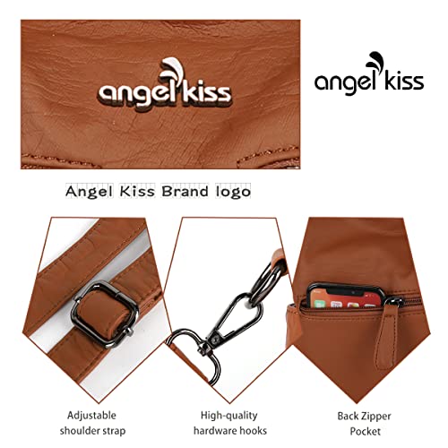 Angelkiss Women's Designer Handbag Large Double Zipper Multi Pocket Washed Leather Purse3