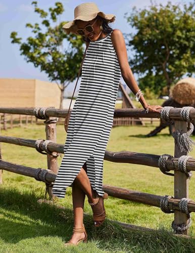 Image of Zeagoo 2026 Summer Striped Dress Black and White Long Dress Casual Sleeveless Beach Dress Comfy Cotton Sundress, Black Striped,S