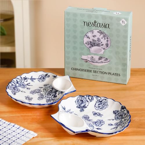 Image of Nestasia Ceramic Snack Plates Set of 2 - Serving Plate with Dip Section for Chutney | Microwave & Dishwasher Safe Shell Shaped Design for Kids & Adults - Perfect for Fries, Momos, Kebab (Blue & White)